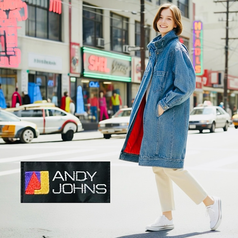 Vintage ANDY JOHNS Coat, Denim 80s 90s, Side Pockets, bright pink lining
